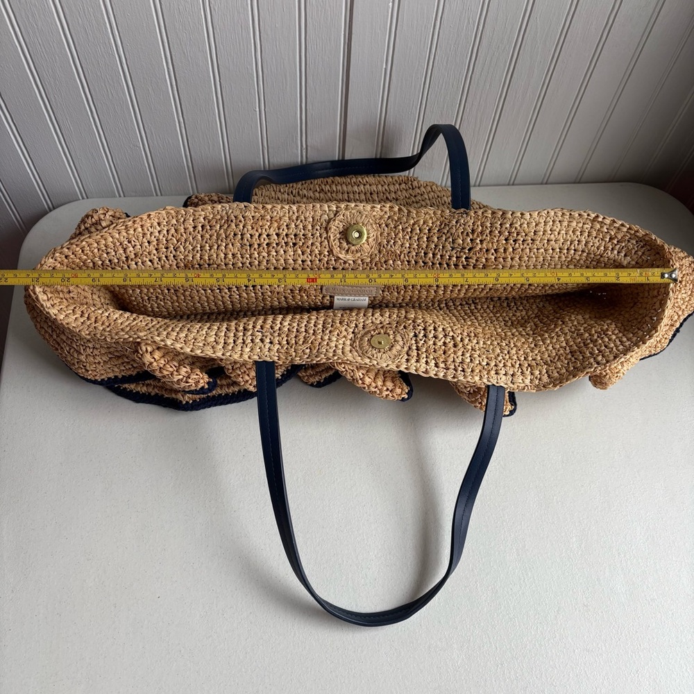 Mark & Graham Tan and Blue Raffia Ruffle Tote Bag NWOT Beach Pool Bag - Picture 7 of 13